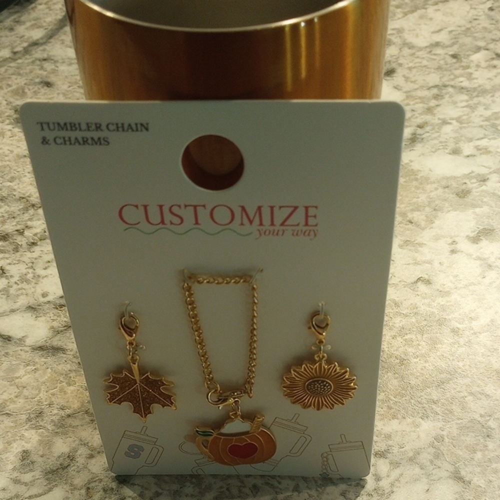 Customizable Tumbler Gold Charm Bracelet with Leaf, Teapot, and Sunflower